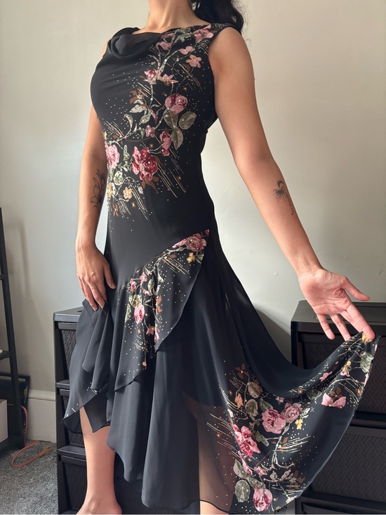 Dresses & Skirts - Y2K Black Asymmetrical Fairycore Beaded Pink Floral Draped Collar Dress - Small